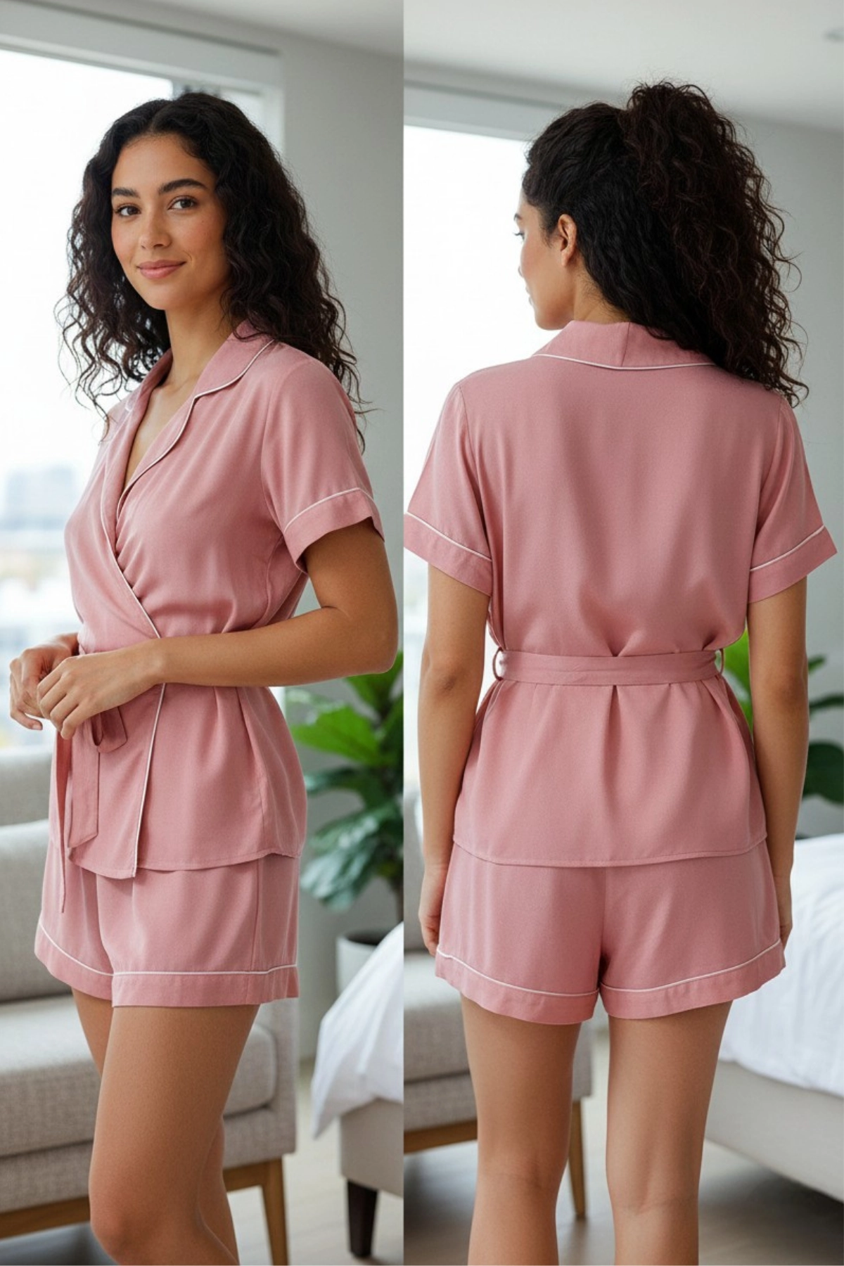 Biye Detaylı Kuşaklı Viskon Şortlu Ev Giyim Seti – Gül Kurusu