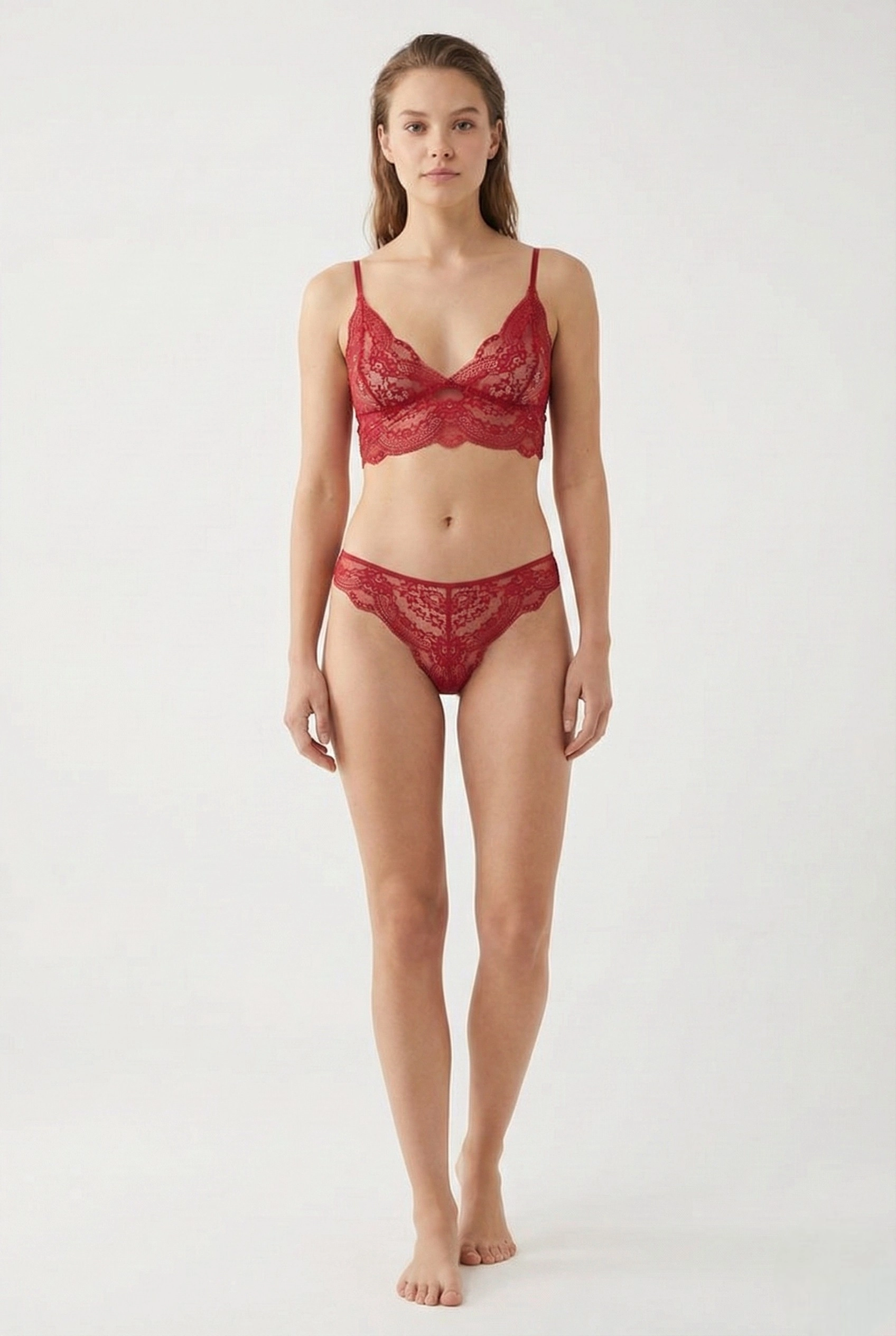 Bordo Dantel Detaylı İp Askılı Kapsız Bralet İç Giyim Seti