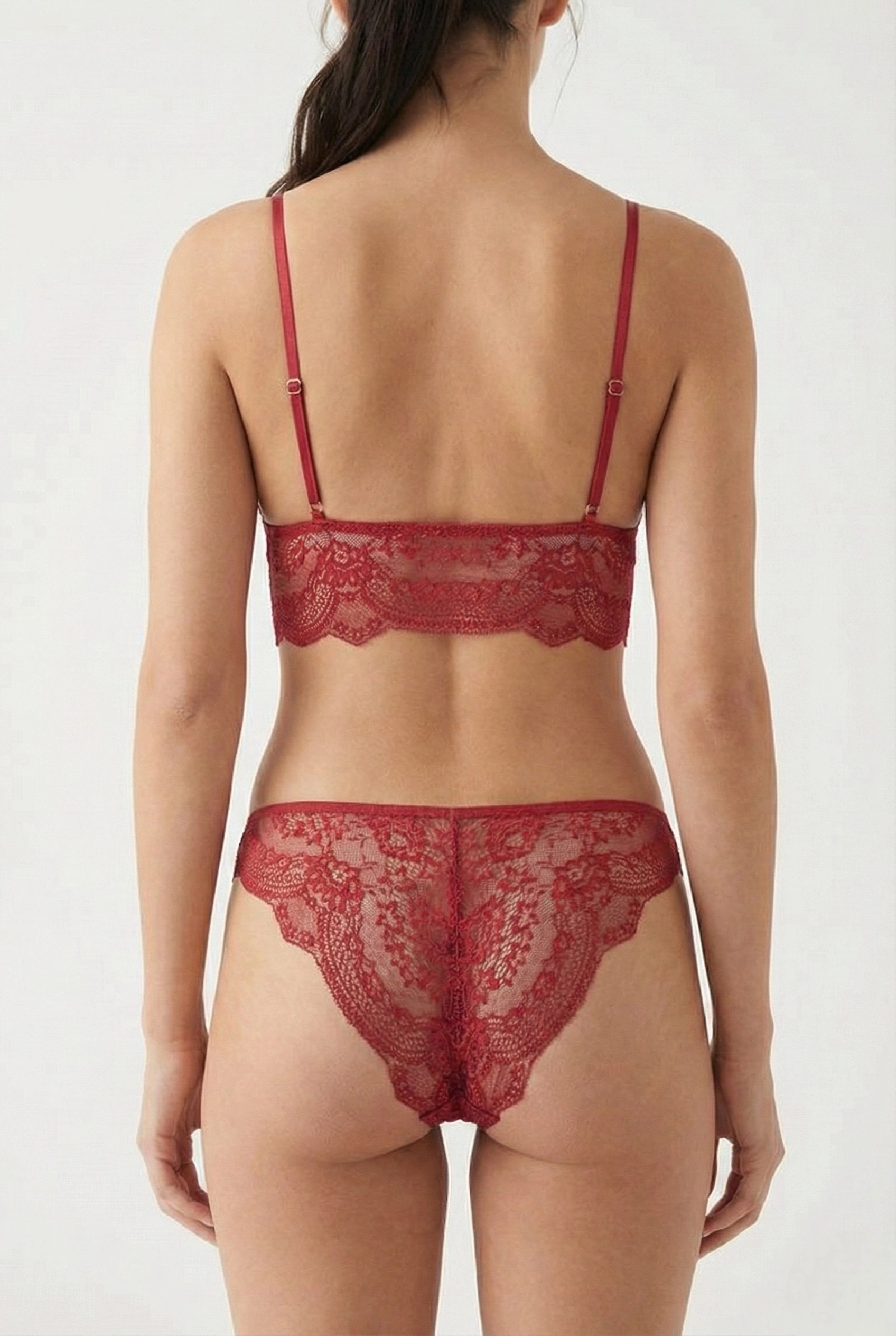 Bordo Dantel Detaylı İp Askılı Kapsız Bralet İç Giyim Seti