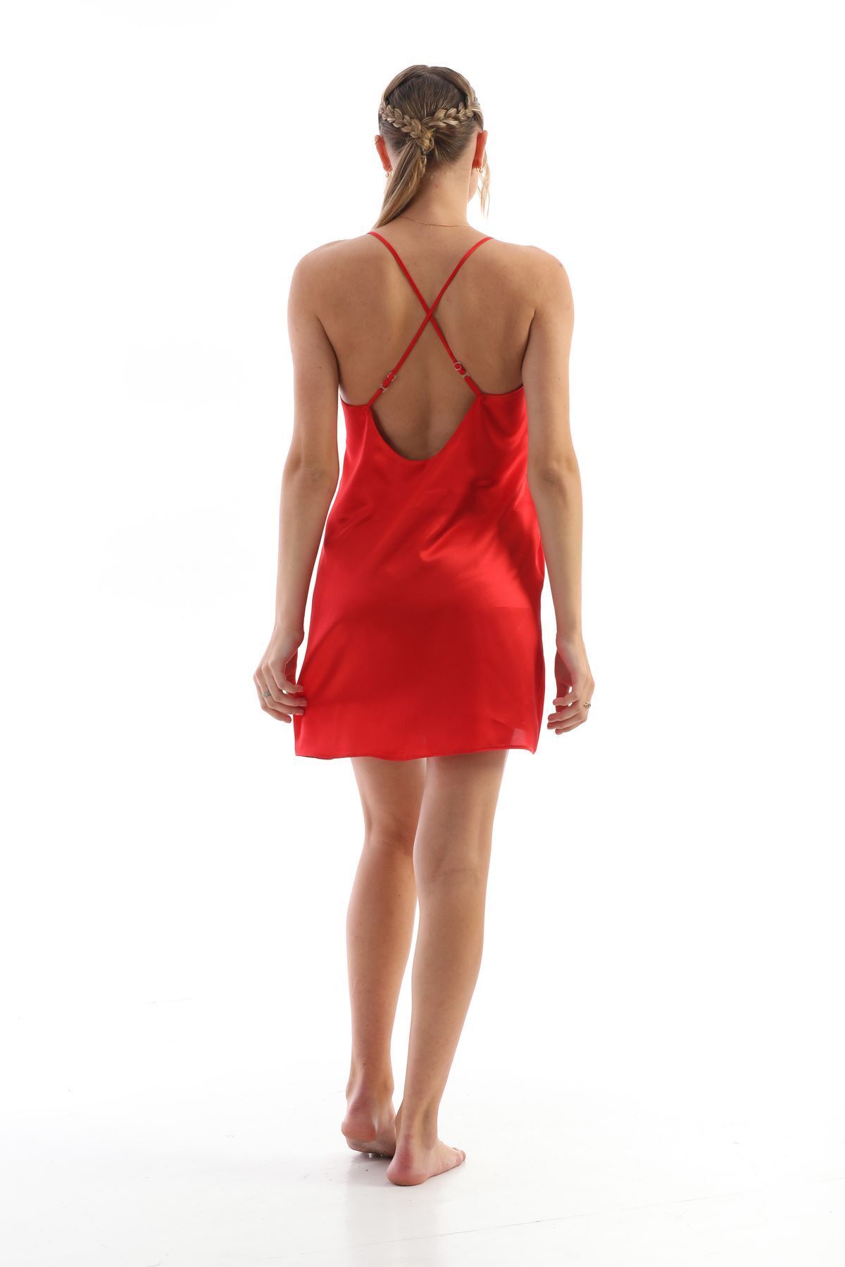 Kadın Kırmızı Saten Gecelik Tül Yakalı, Zarif Ve Şık Dokuma Uyku Elbisesi