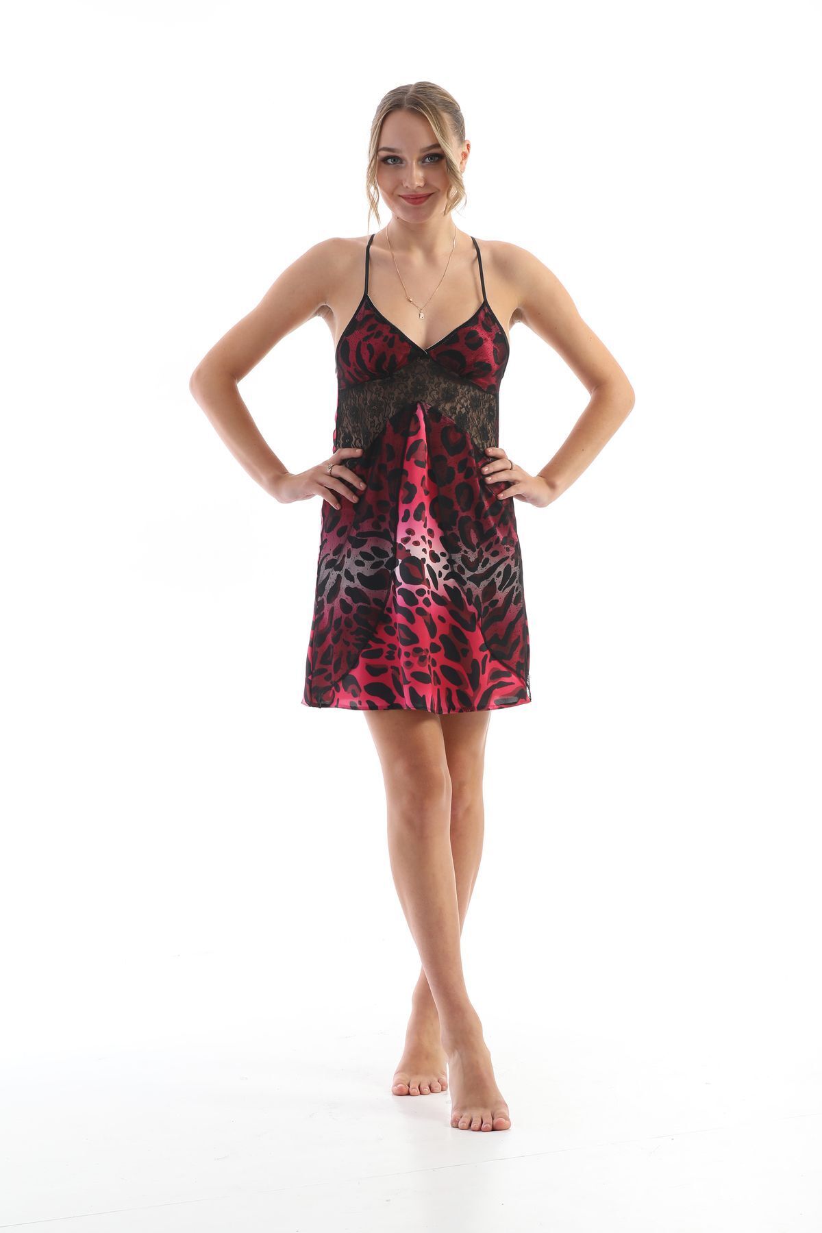 Kadın Leopar Desenli Saten Gecelik Dantelli Şık Ve Feminen Dokuma Uyku Elbisesi