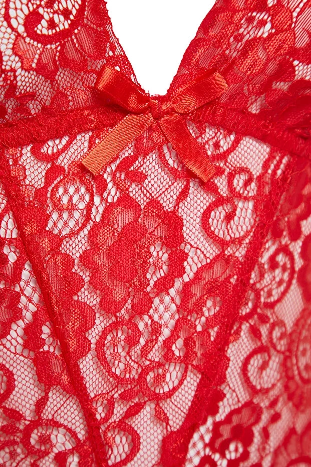 Kırmızı Dantelli İp Askılı Çıtçıtlı Örme Body