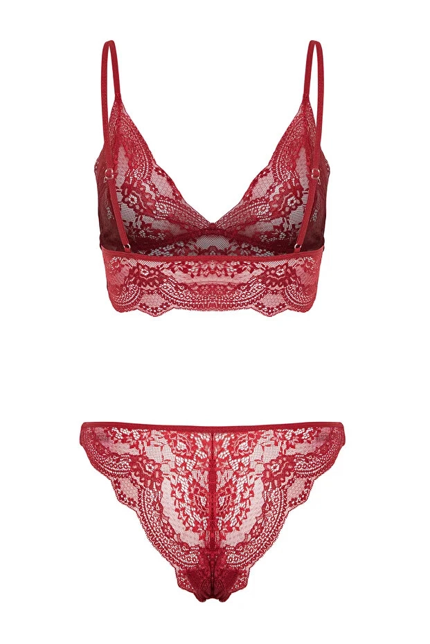 Bordo Dantelli Balensiz ve Kapsız İp Askılı Örme İç Çamaşırı Takımı