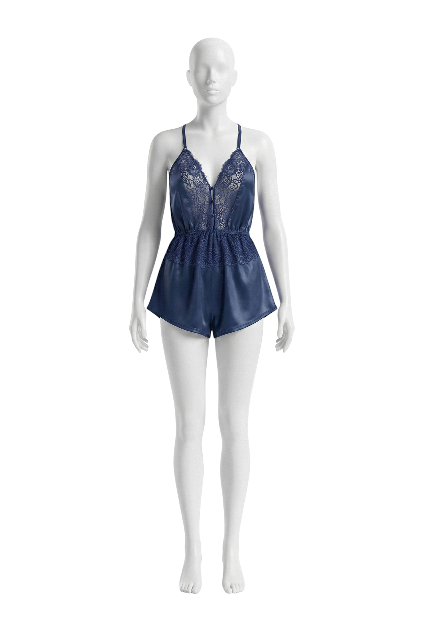 Lacivert Saten Dantelli İpli Askılı Babydoll  - Şık Gecelik