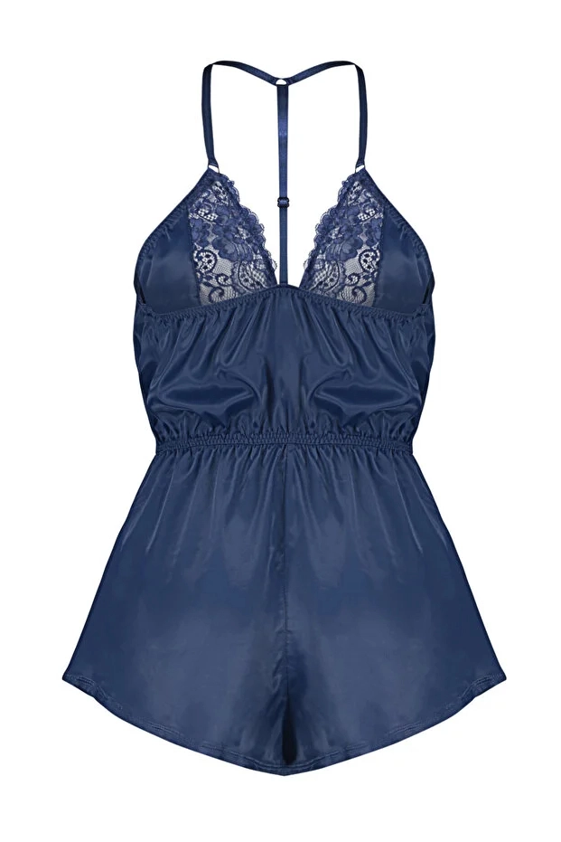 Lacivert Saten Dantelli İpli Askılı Babydoll  - Şık Gecelik