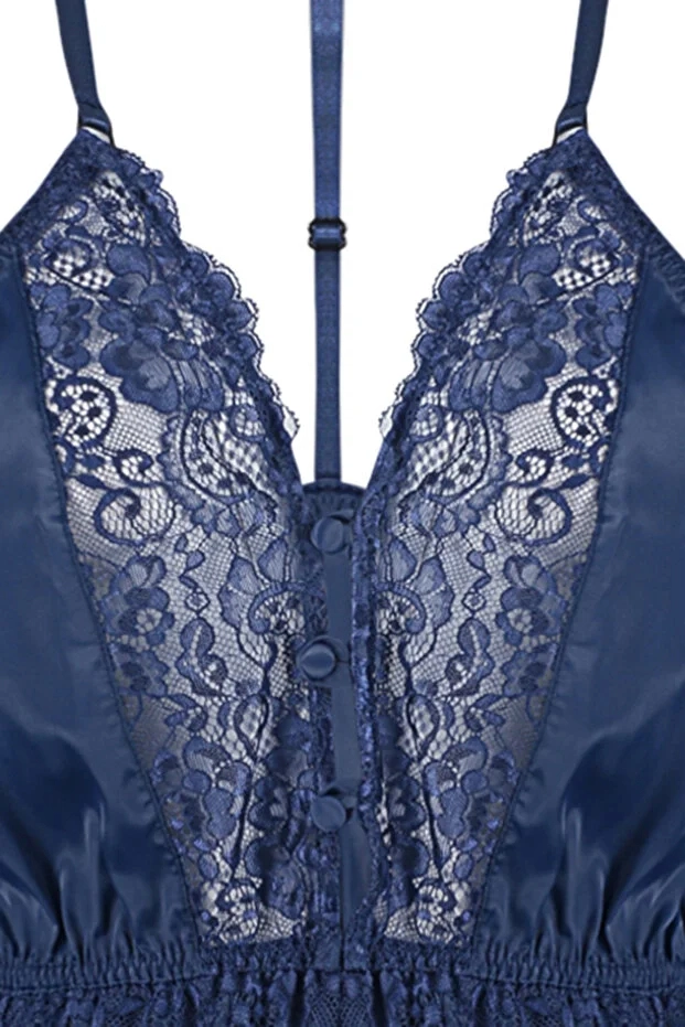 Lacivert Saten Dantelli İpli Askılı Babydoll  - Şık Gecelik