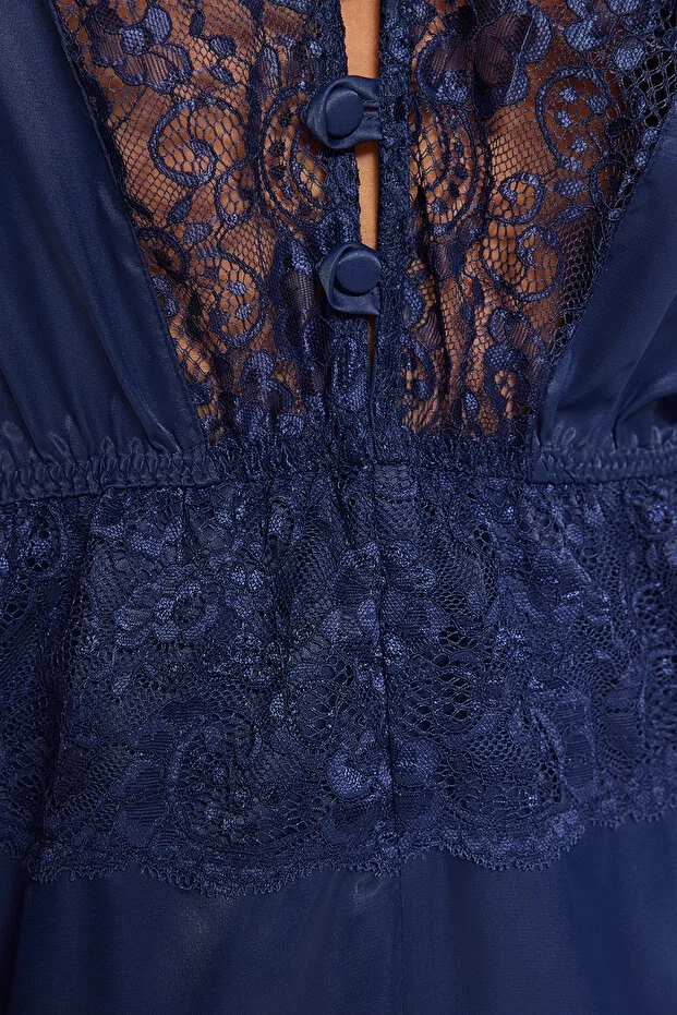 Lacivert Saten Dantelli İpli Askılı Babydoll  - Şık Gecelik