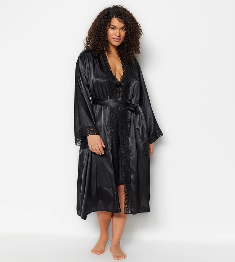 Siyah Saten Kemerli Düz Sabahlık