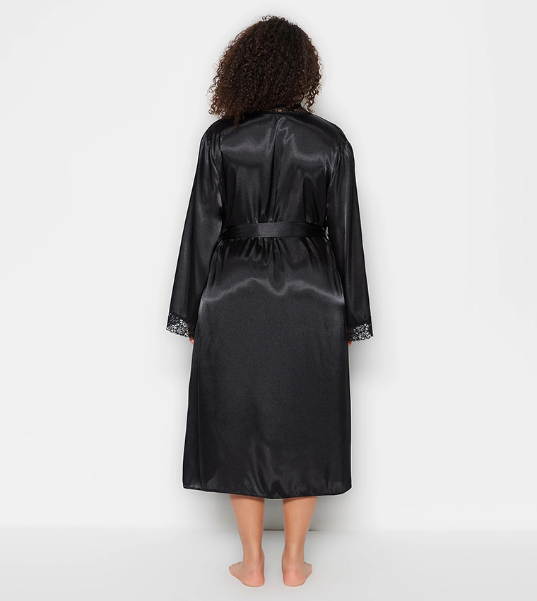 Siyah Saten Kemerli Düz Sabahlık