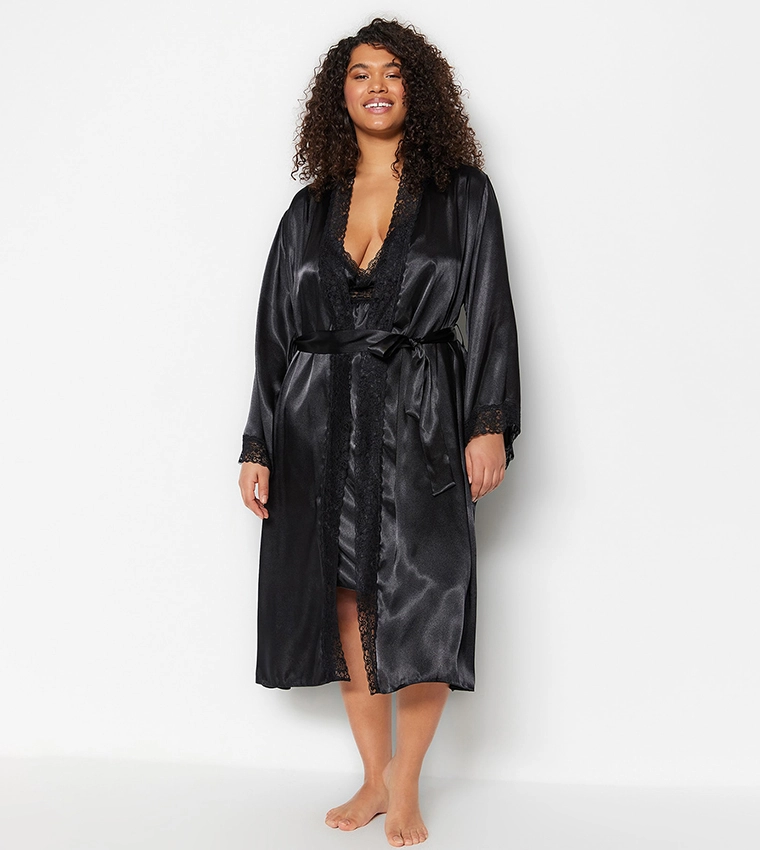 Siyah Saten Kemerli Düz Sabahlık