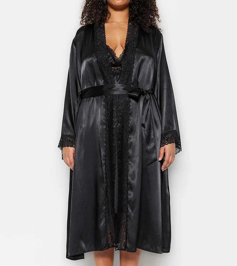 Siyah Saten Kemerli Düz Sabahlık