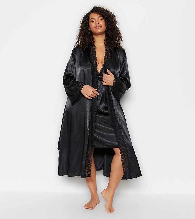 Siyah Saten Kemerli Düz Sabahlık