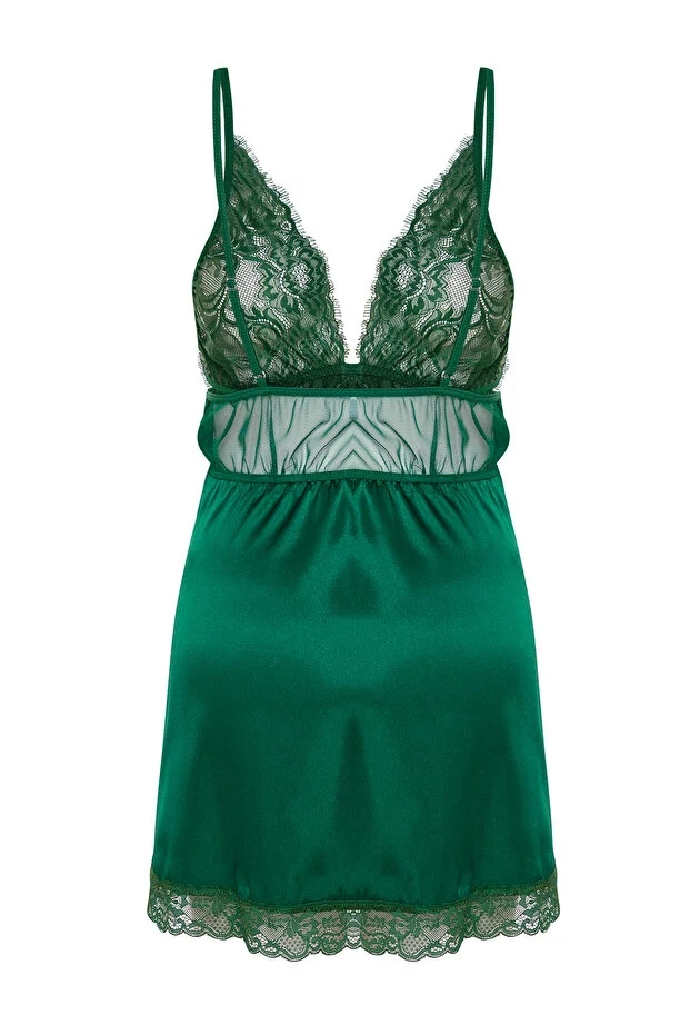 Yeşil Saten Göğüs ve Etek Ucu Dantelli İp Askılı Babydoll – Fantezi Gecelik