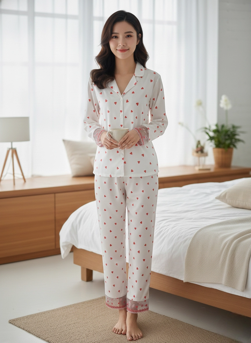 Kalp Desenli Saten Uzun Pijama Takımı – Düğmeli Üst, Rahat Kesim