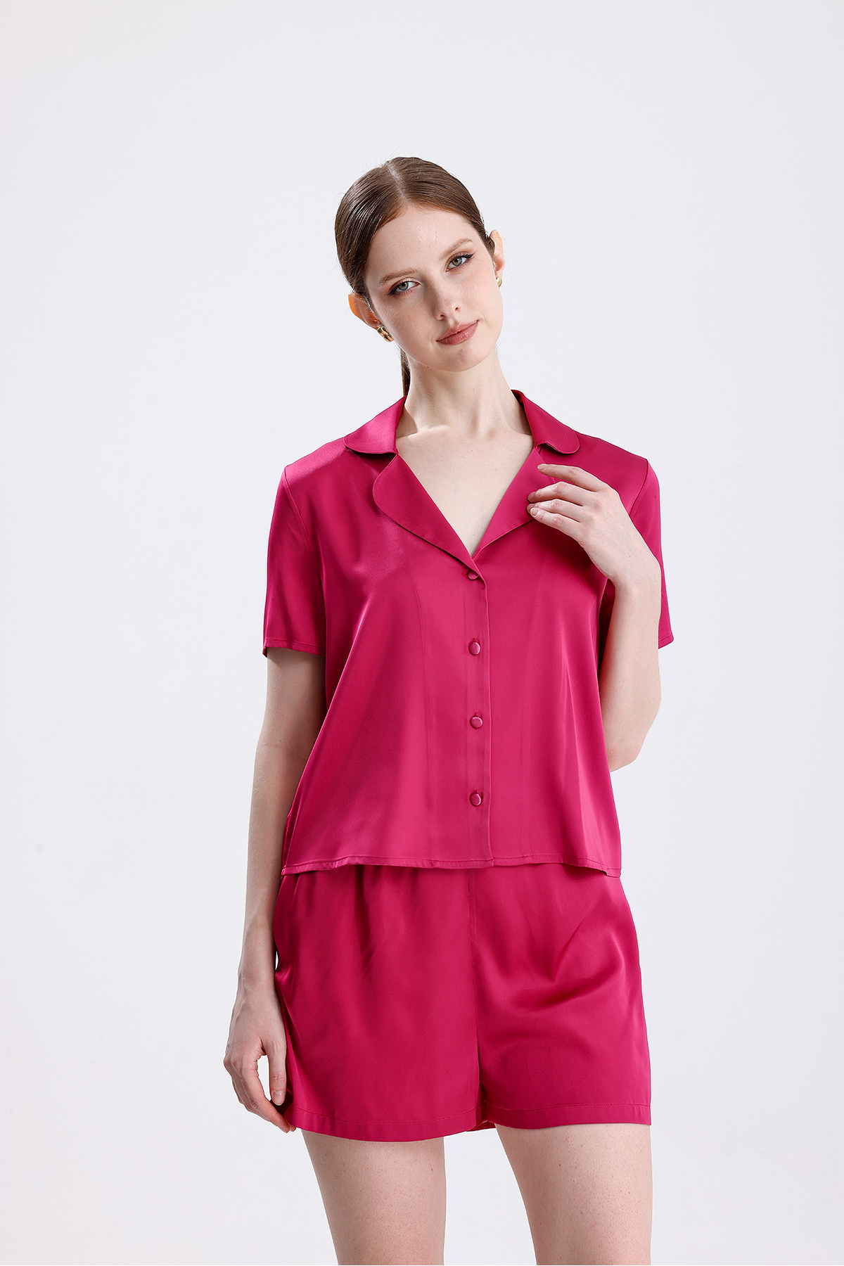 Kadın Kısa Kollu Şortlu Pijama Takımı Önden Düğmeli, Yazlık Ev Giyim