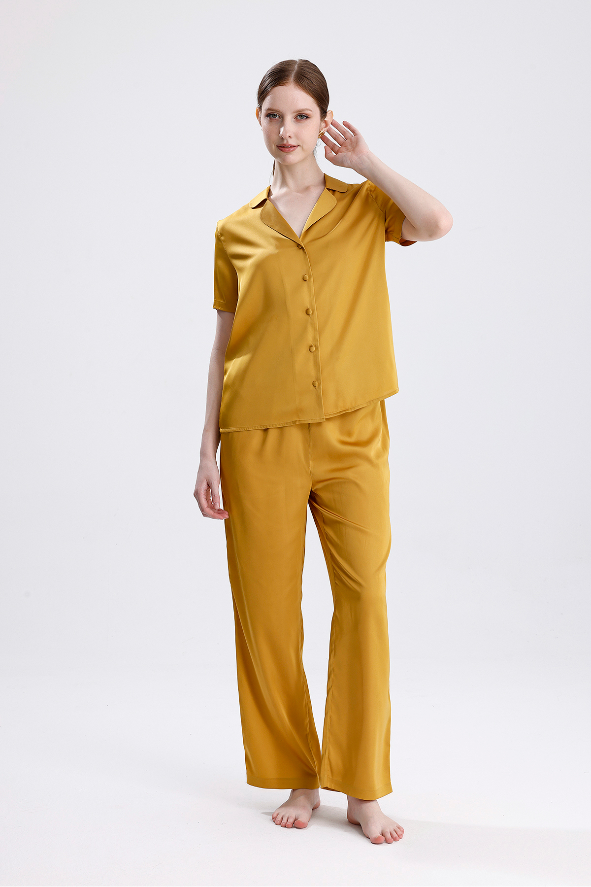 Kadın Kısa Kol Önden Düğmeli Likralı Hardal Renk Yazlık Pijama Takımı