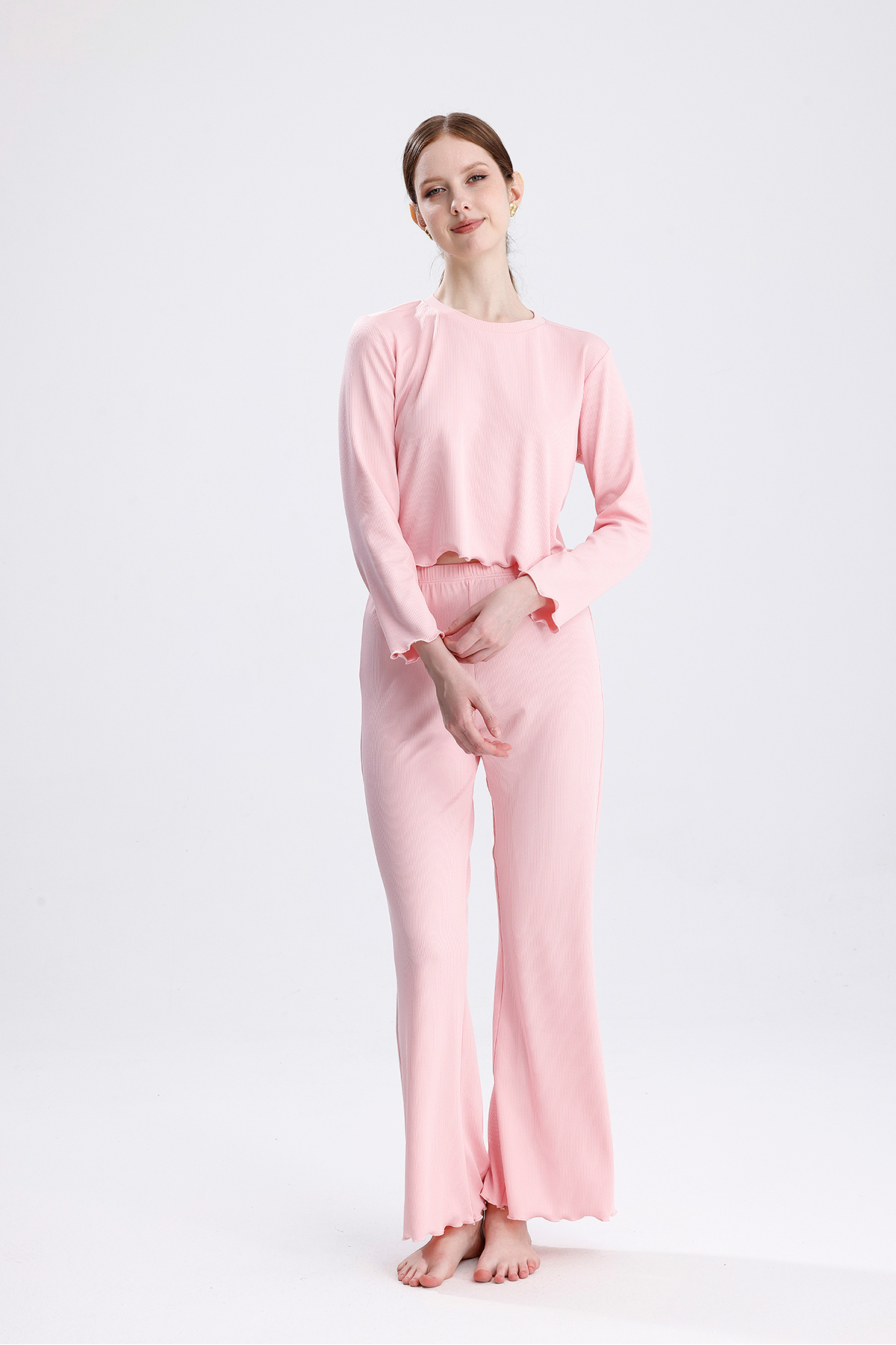 Kadın Fırfırlı Fitilli Dalgıç Kumaş Çizgili Uzun Kollu Pijama Takımı