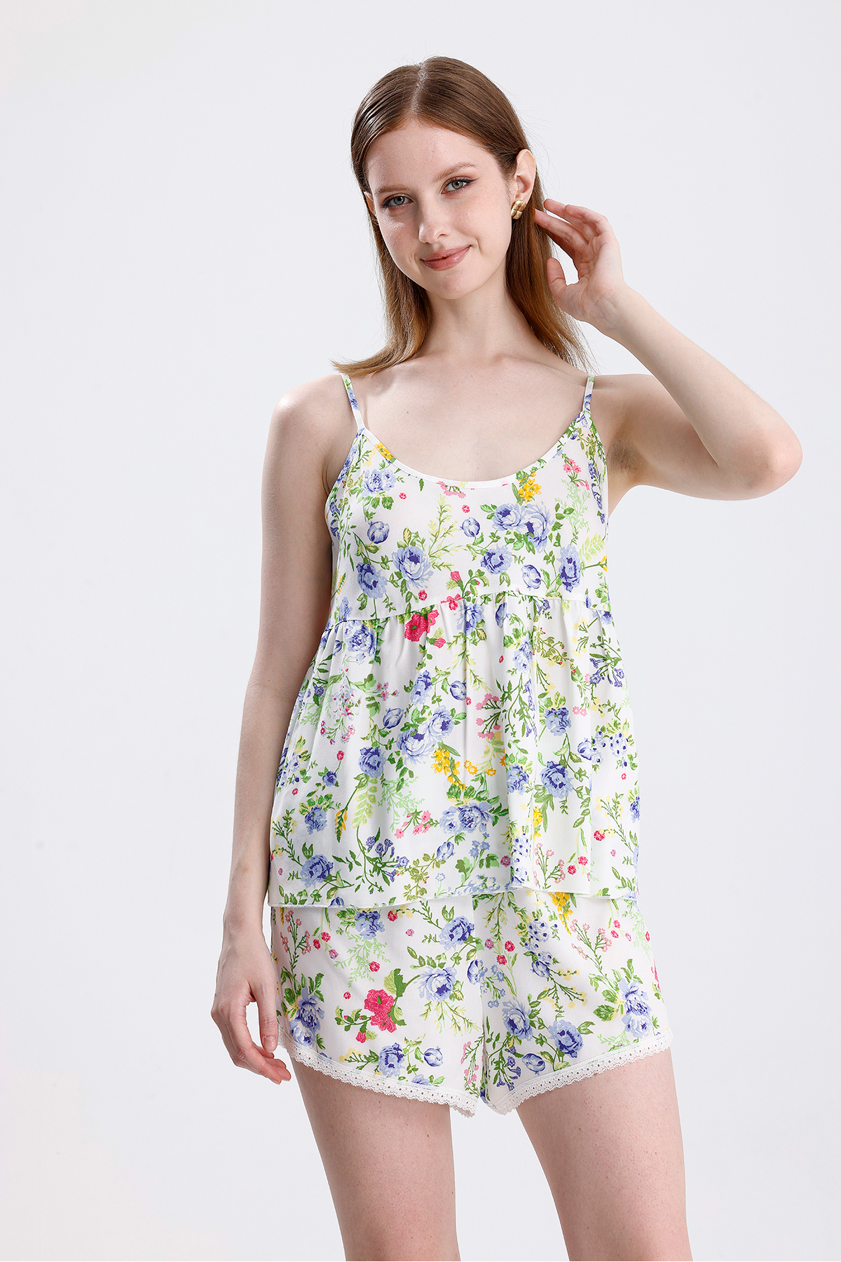 Kadın Saten Ip Askılı Şort Takım Çiçek Desenli, Yazlık Pijama Seti