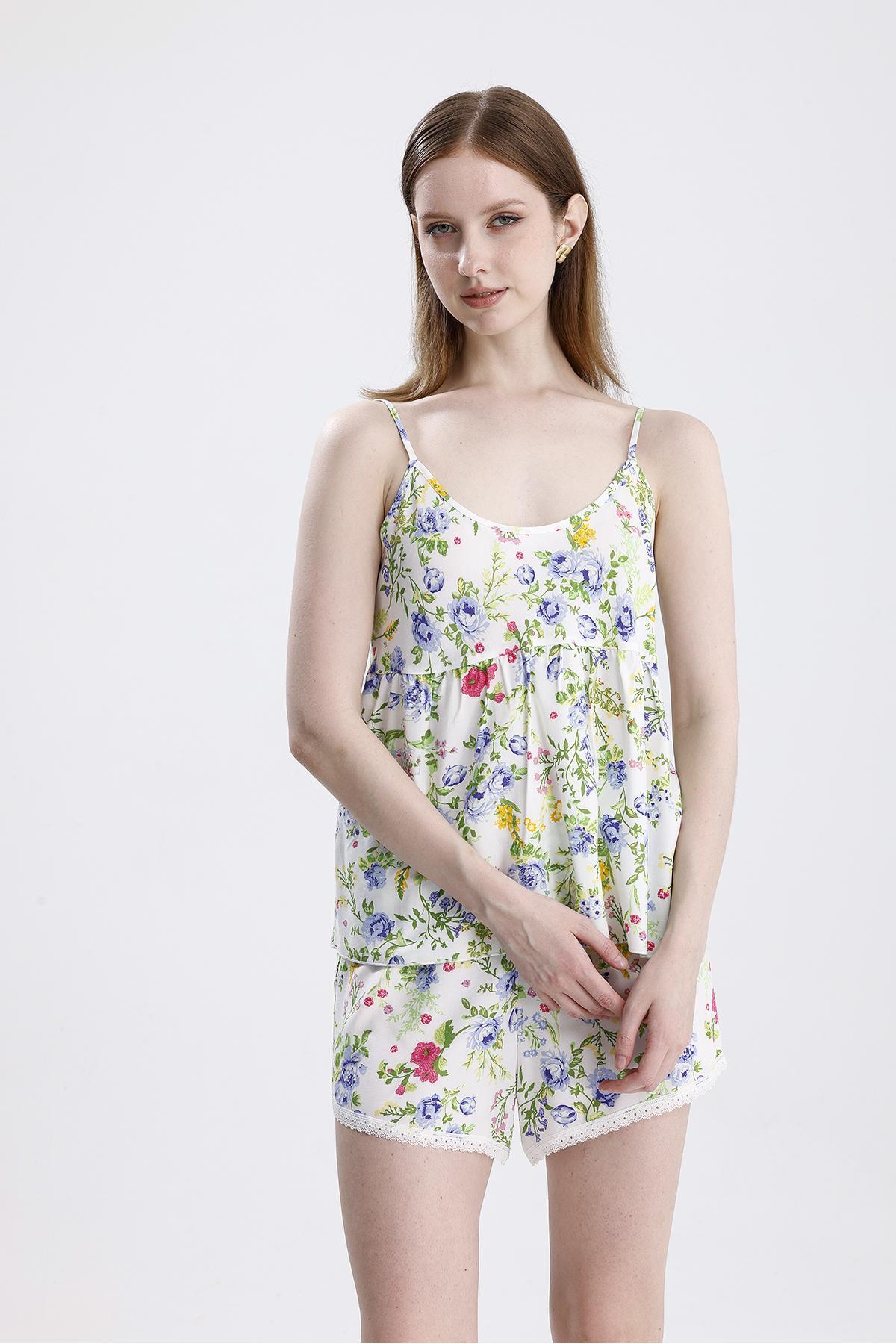 Kadın Saten Ip Askılı Şort Takım Çiçek Desenli, Yazlık Pijama Seti