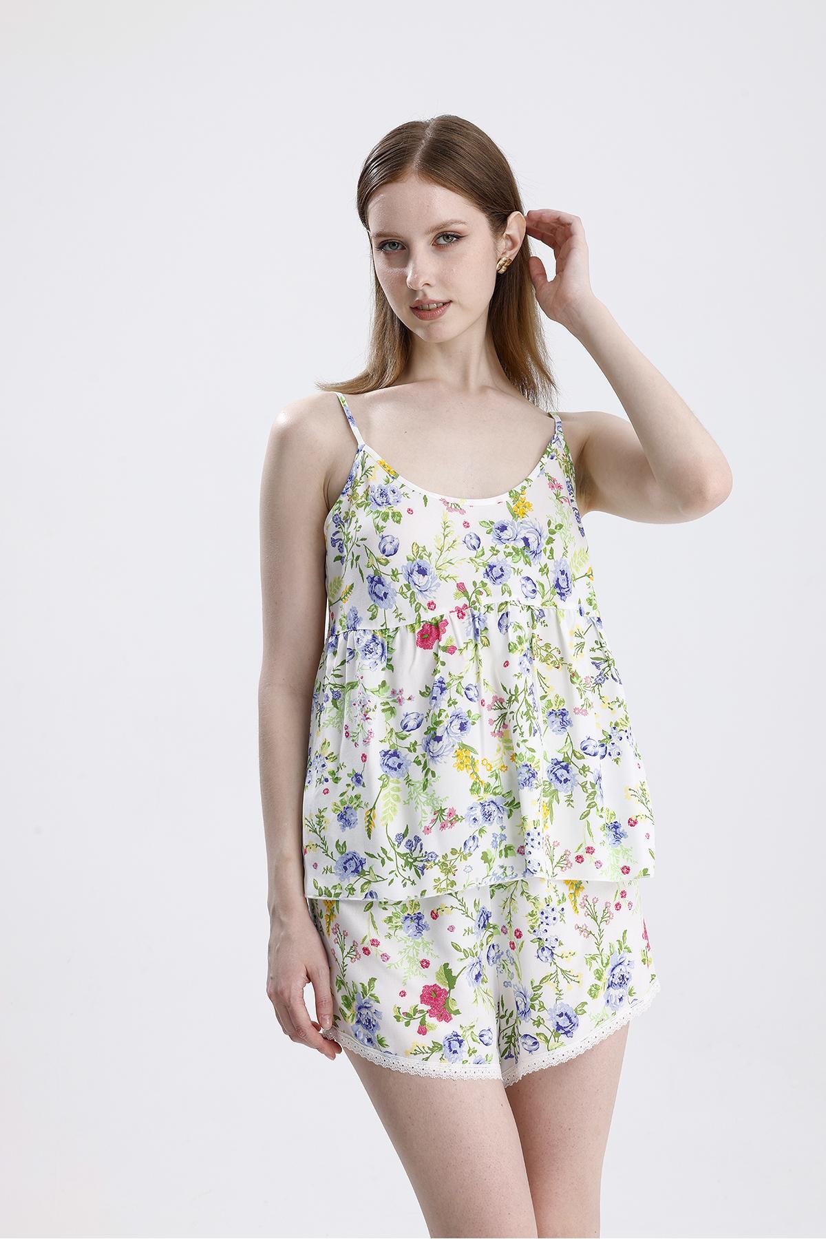 Kadın Saten Ip Askılı Şort Takım Çiçek Desenli, Yazlık Pijama Seti