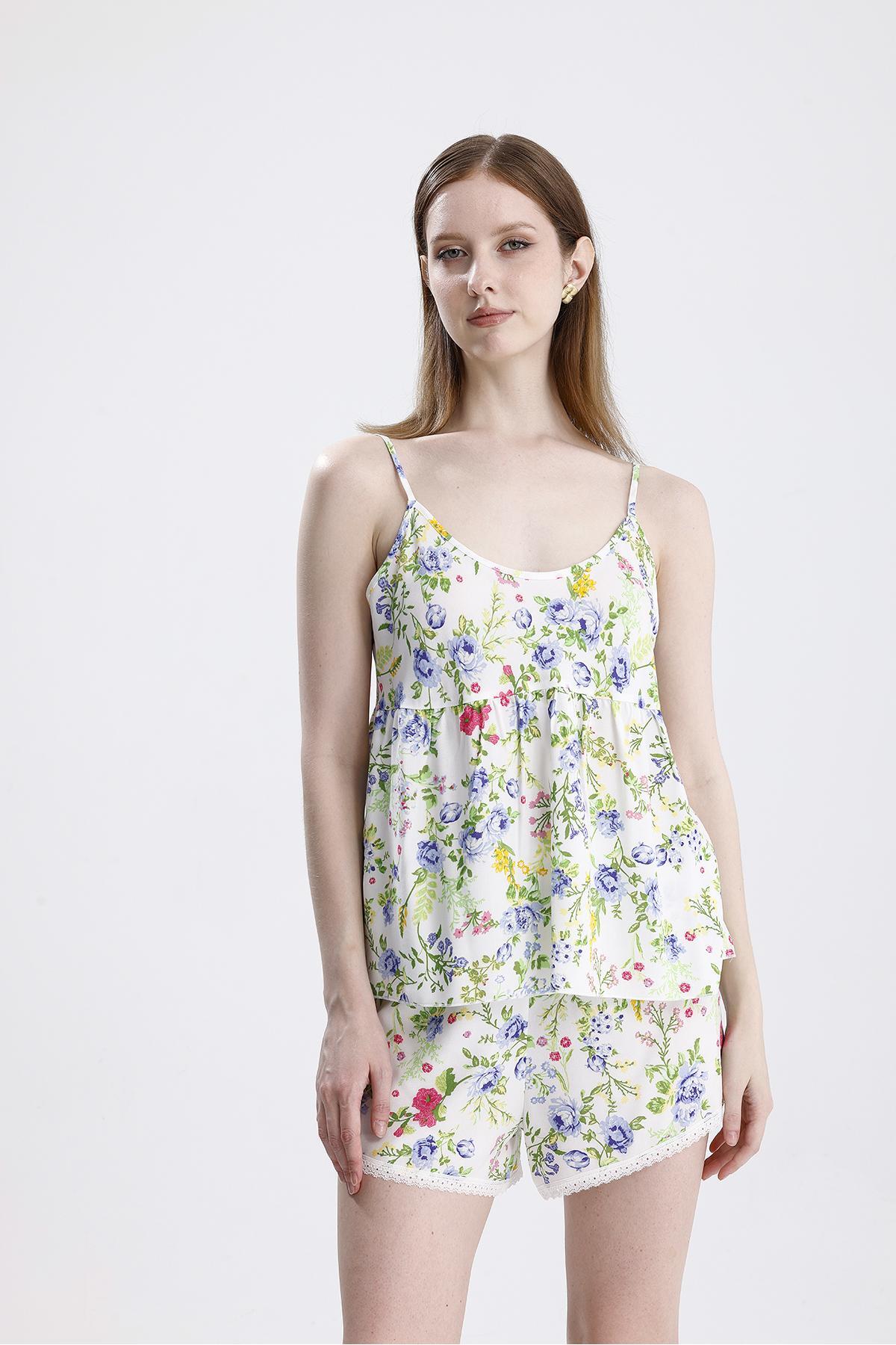 Kadın Saten Ip Askılı Şort Takım Çiçek Desenli, Yazlık Pijama Seti