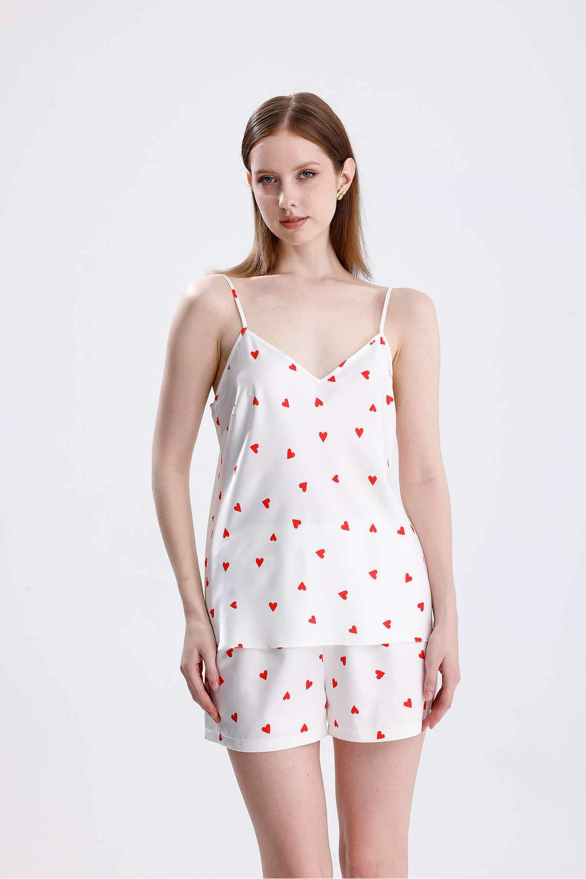 Kadın Kalp Desenli Saten Ip Askılı Şort Takım