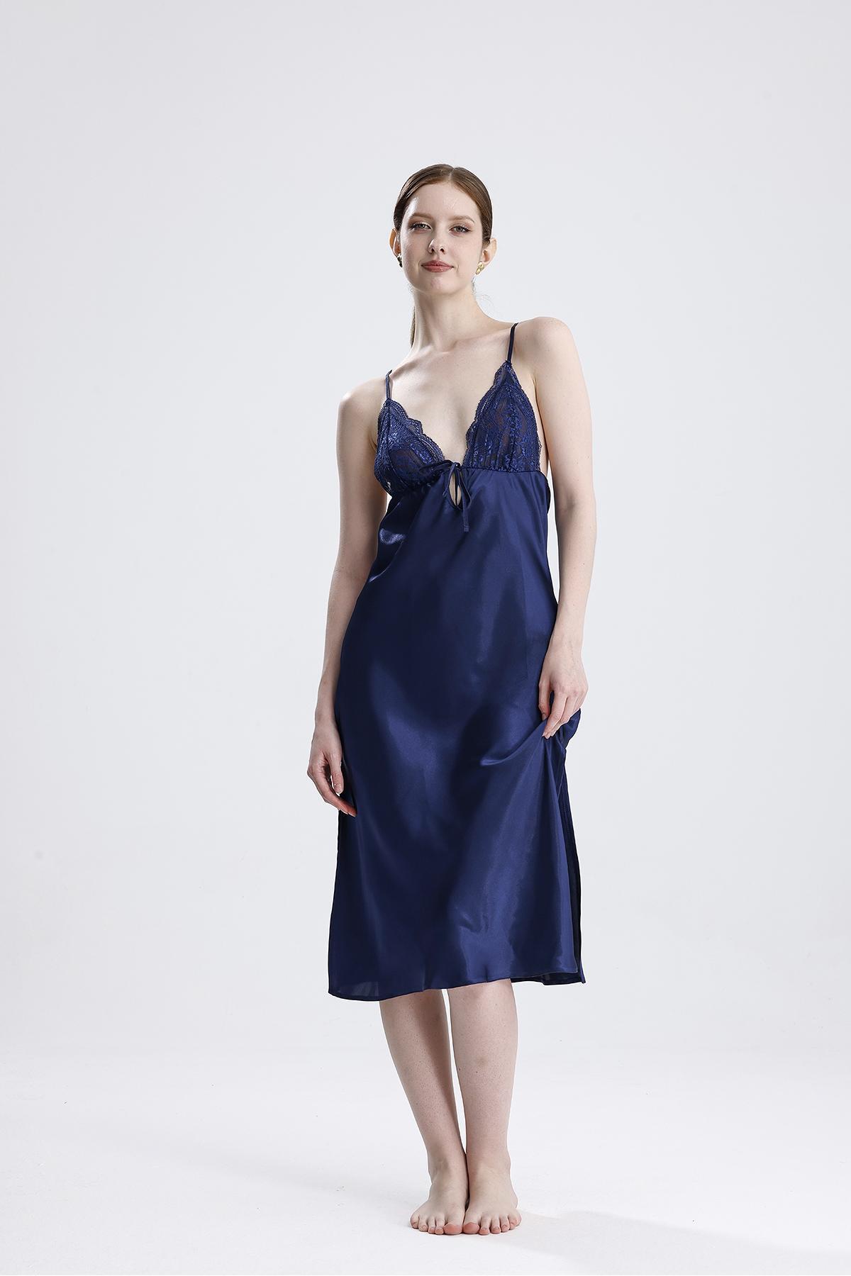 Kadın Saten Dantelli Lacivert Gecelik