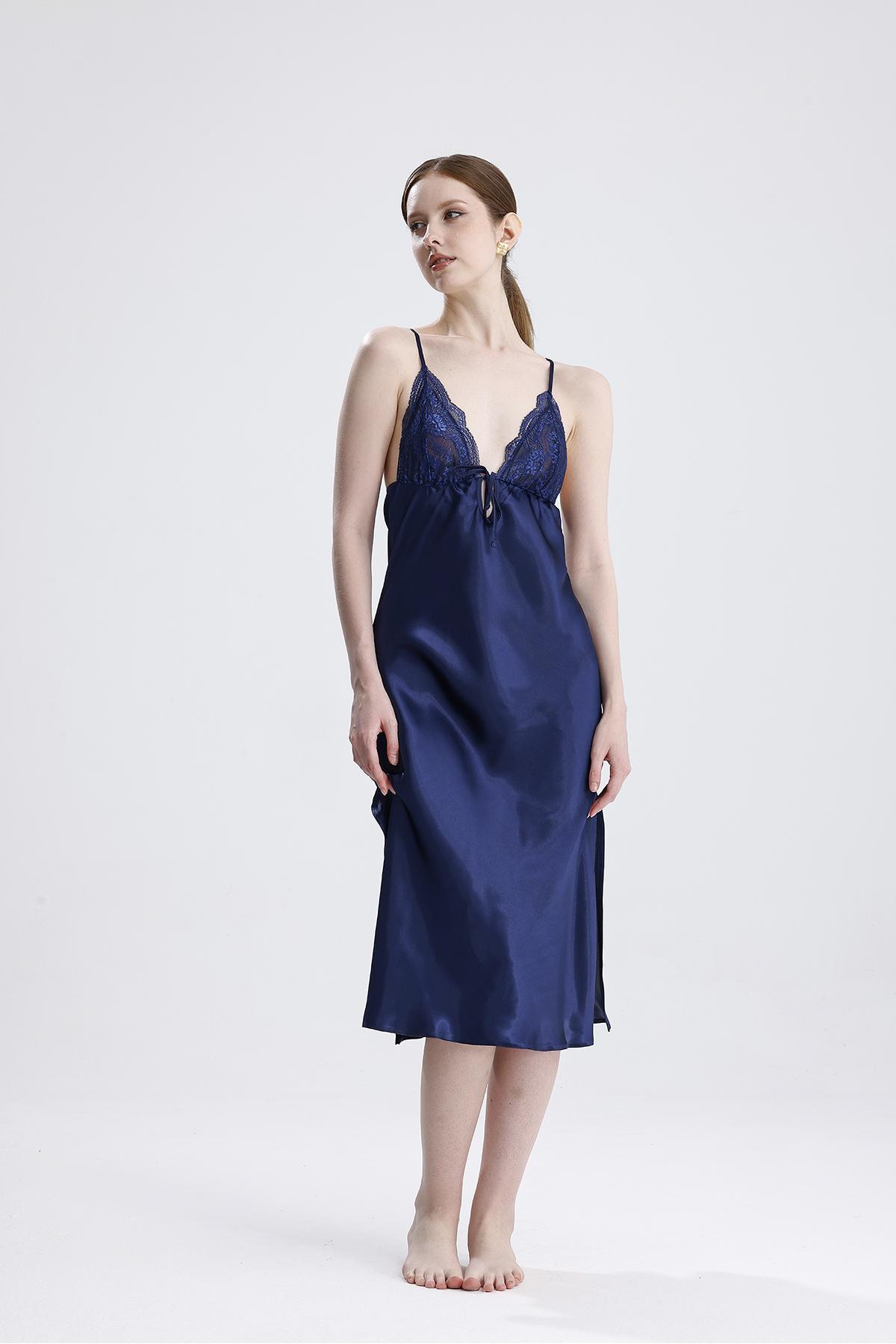 Kadın Saten Dantelli Lacivert Gecelik