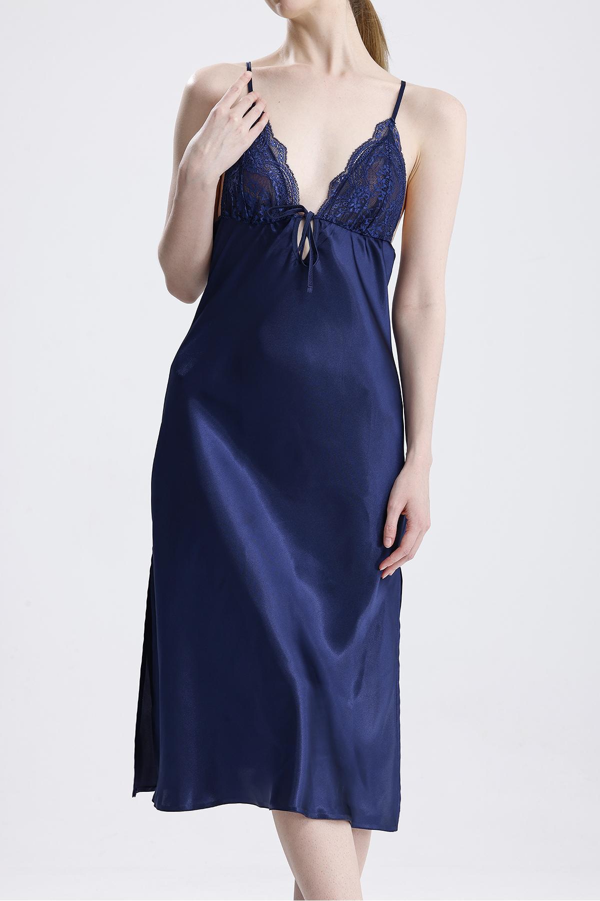 Kadın Saten Dantelli Lacivert Gecelik