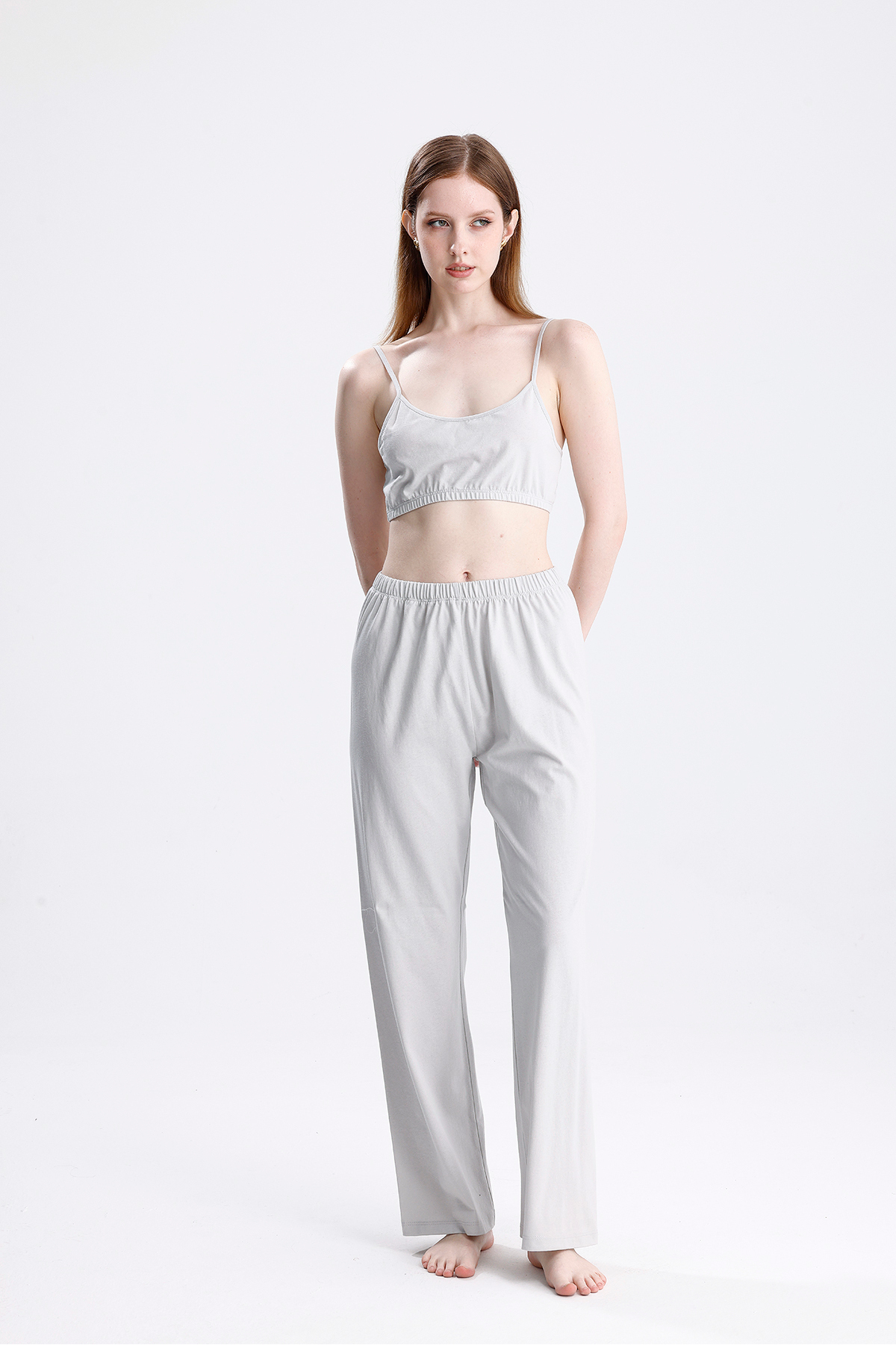 Kadın Gri 3’lü Ev Giyim Takımı Büstiyer, Pantolon ve Bağlamalı Üst