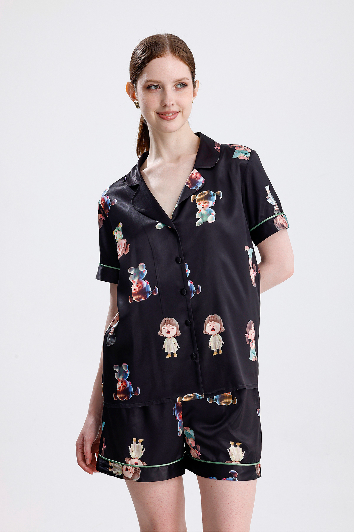 Kadın Kısa Kollu Şortlu Pijama Takımı Kız Bebek Desenli Yazlık Rahat Takım