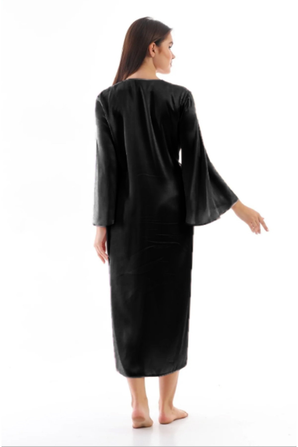 Kadın Siyah Saten Dokuma Sabahlık Beyaz Kuşaklı Şık Ve Zarif Ev Giyim