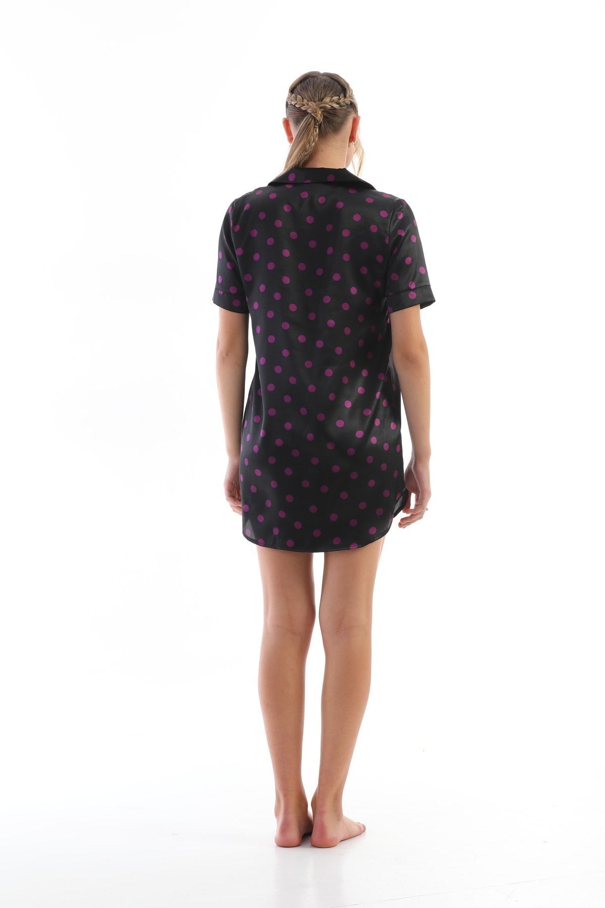 Kadın Pembe Puantiyeli Saten Gömlek Gecelik Düğmeli, Şık Ve Rahat Ev Giyim