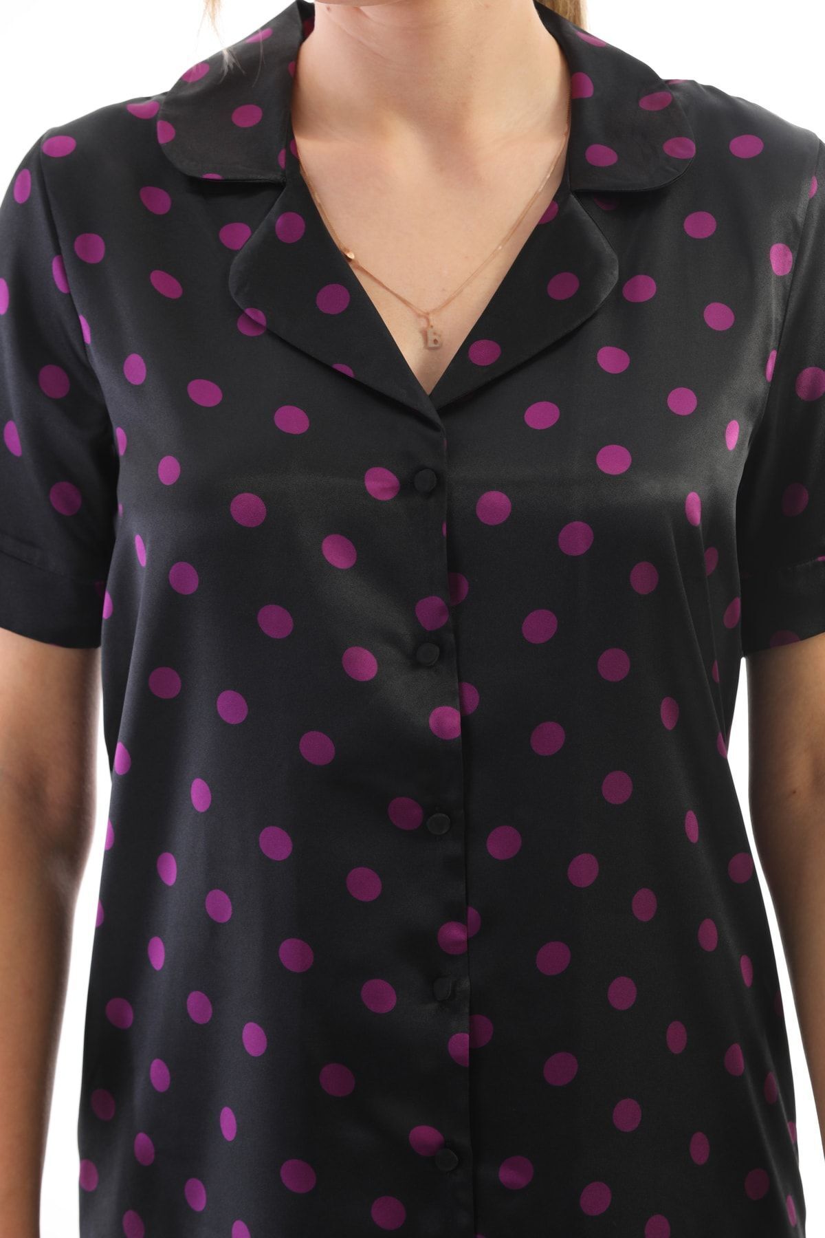 Kadın Pembe Puantiyeli Saten Gömlek Gecelik Düğmeli, Şık Ve Rahat Ev Giyim