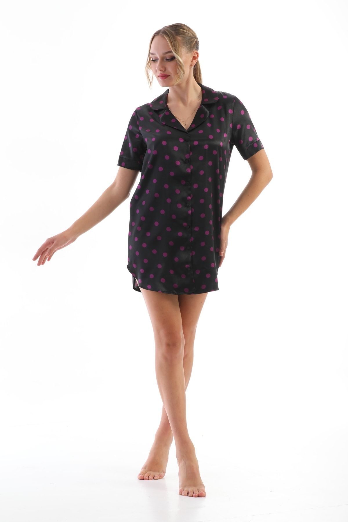 Kadın Pembe Puantiyeli Saten Gömlek Gecelik Düğmeli, Şık Ve Rahat Ev Giyim