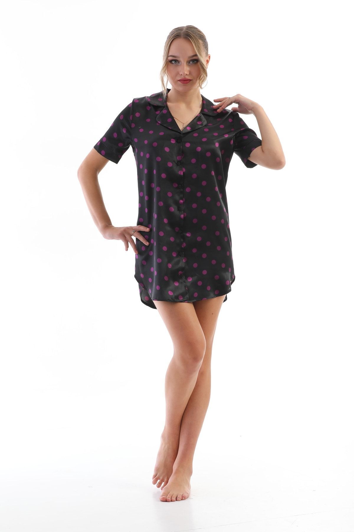 Kadın Pembe Puantiyeli Saten Gömlek Gecelik Düğmeli, Şık Ve Rahat Ev Giyim