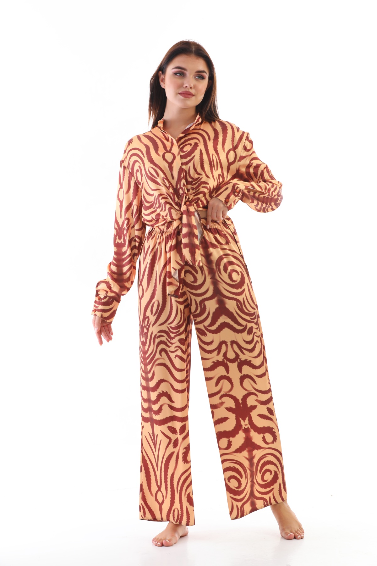 Kadın Leopar Desenli Saten Pijama Takımı