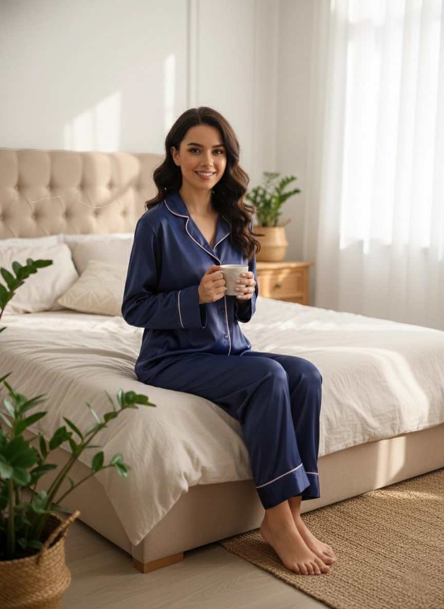 Premium Saten Pijama Takımı – Lacivert, Uzun Kollu ve Biye Detaylı