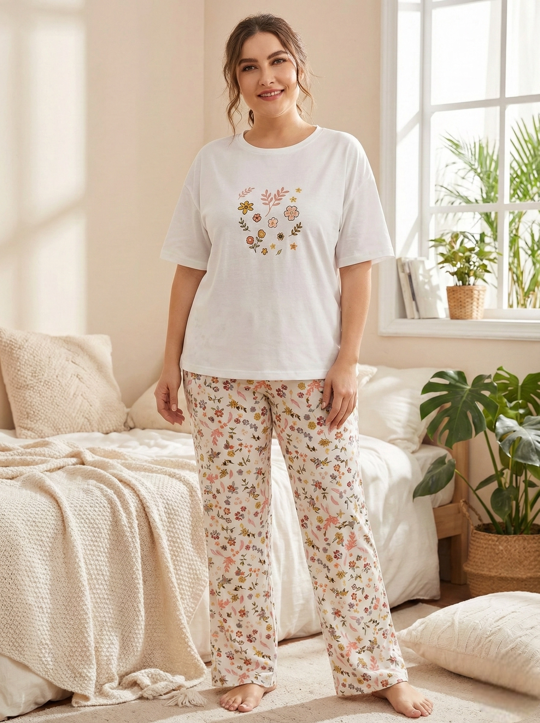 Penye Çiçek Baskılı Pijama Takımı – Esnek ve Nefes Alan Kumaş