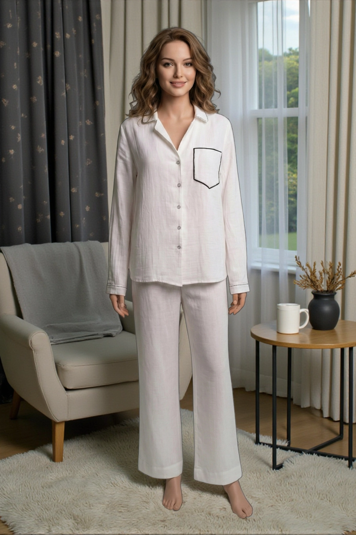 Beyaz Müslin Dokuma Pijama Takımı – Doğal ve Nefes Alan Kumaş