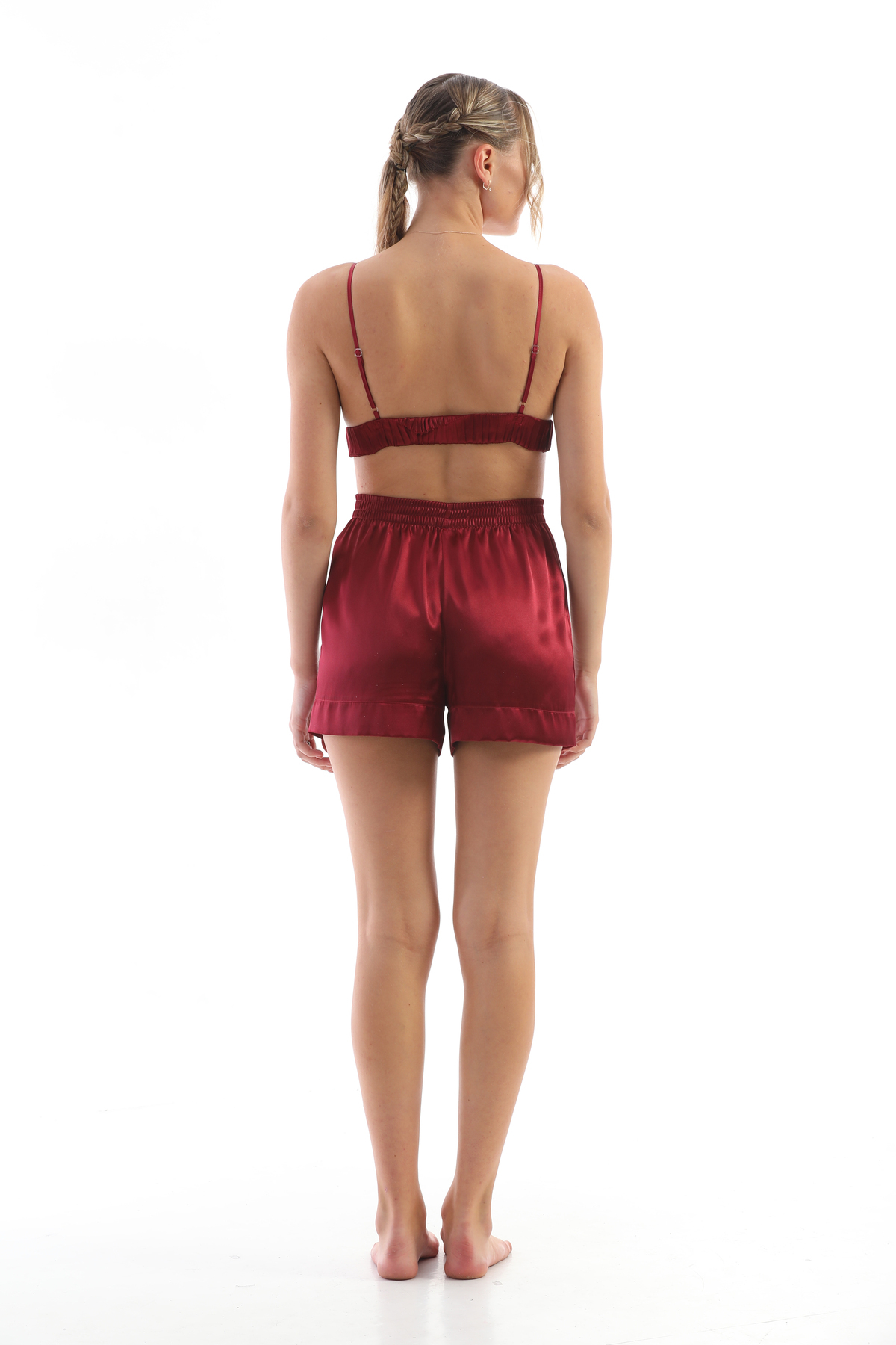 Kadın Bordo Saten Dokuma Büstiyerli Şık Askılı Pijama Takımı