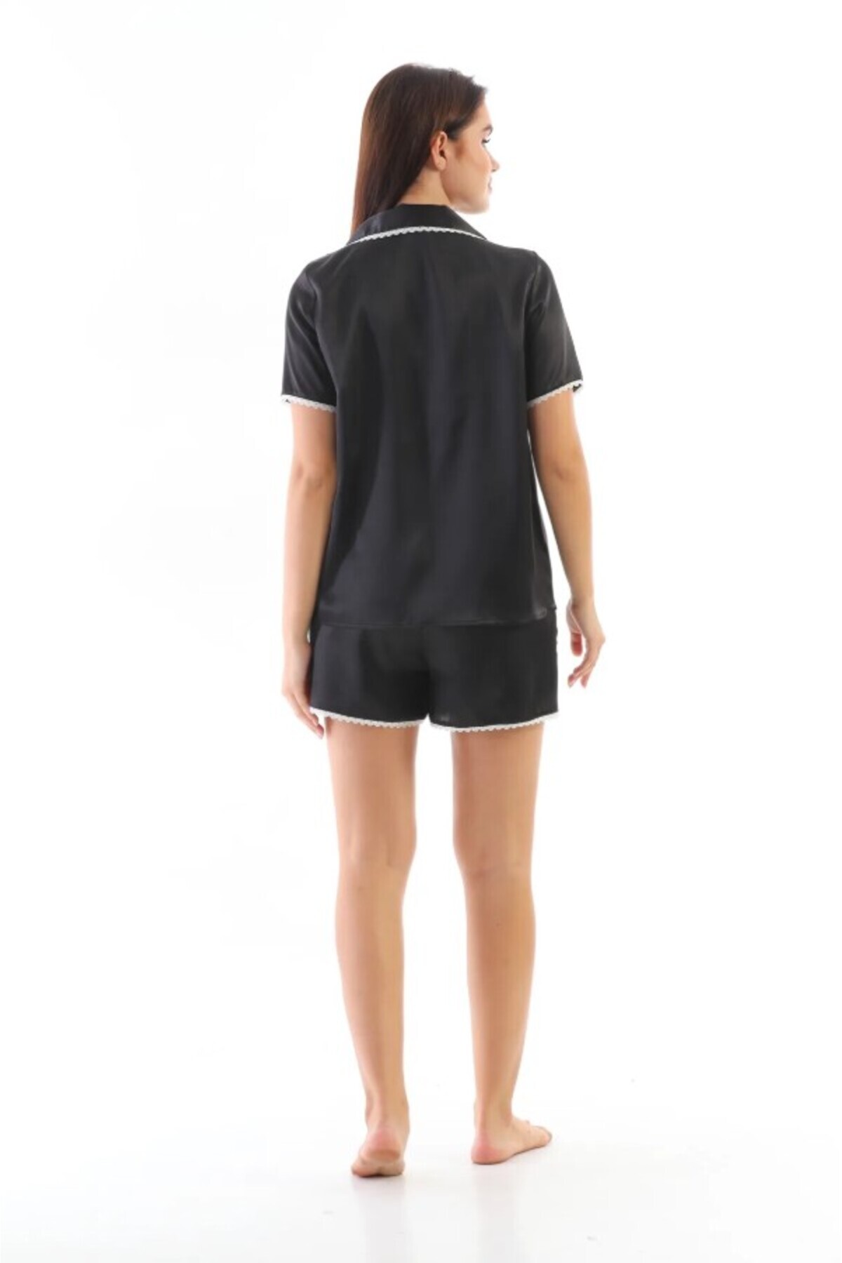 Kadın Siyah Saten Dokuma Dantel Biyeli Şık Pijama Takımı