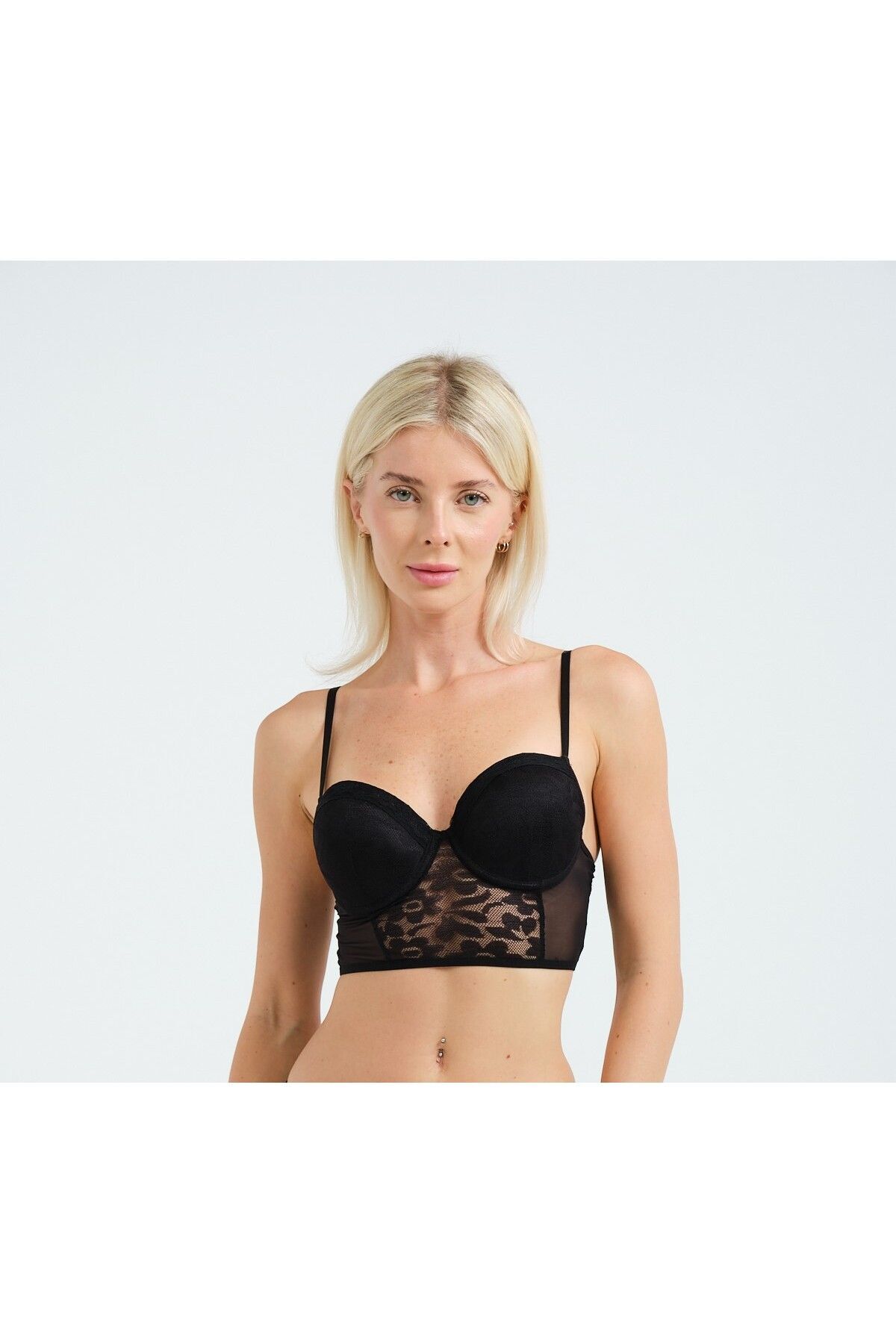 Kadın Siyah Dantel Detaylı Askılı Push Up Destekli Büstiyer Sütyen