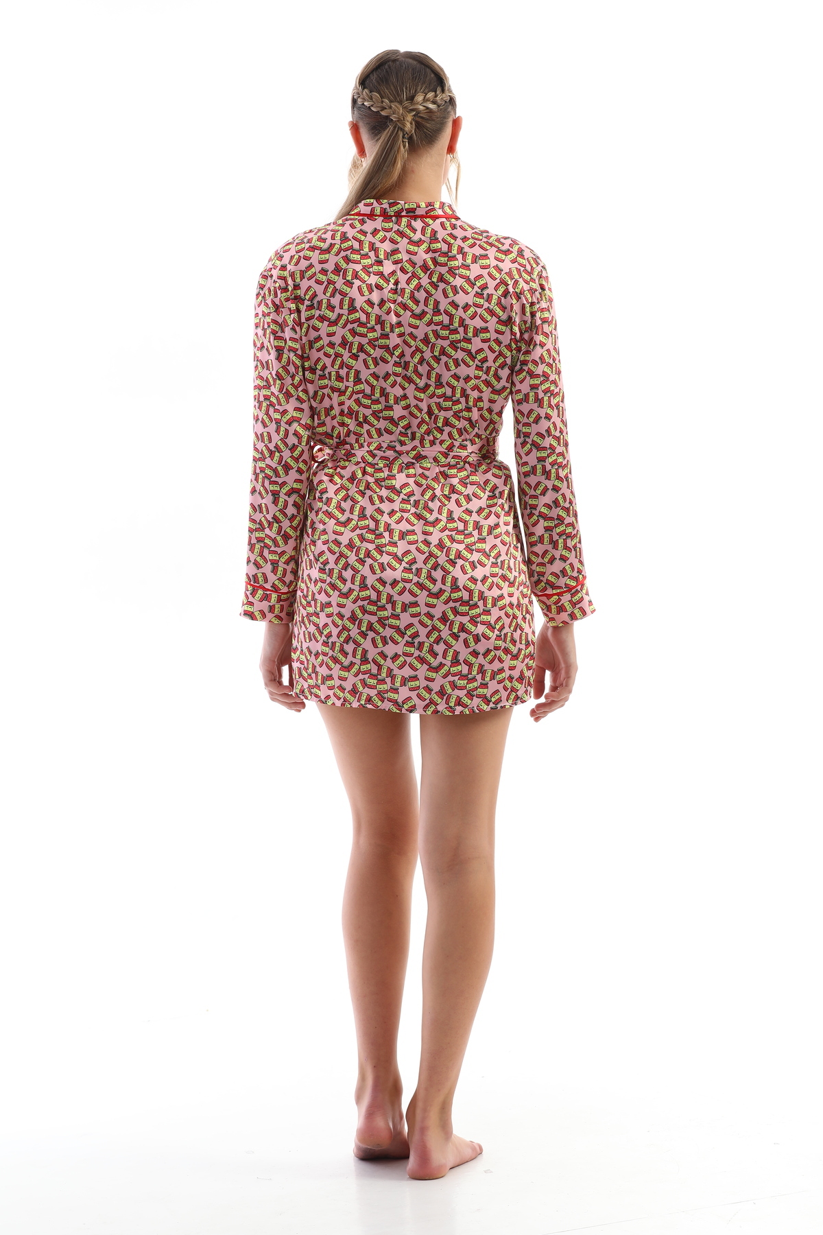 Kadın Kavanoz Desenli Kuşaklı Saten Dokuma Şık Sabahlık