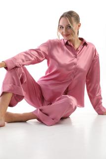 Kadın Pembe Paçası Detaylı Saten Pijama Takımı