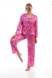 Kadın Pembe Karışık Desenli Saten Pijama Takımı