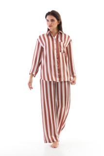 Kadın Kahverengi Çizgili Saten Pijama Takımı