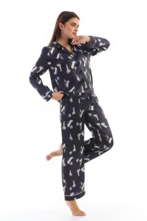 Kadın Lacivert Penguen Baskılı Saten Pijama Takımı