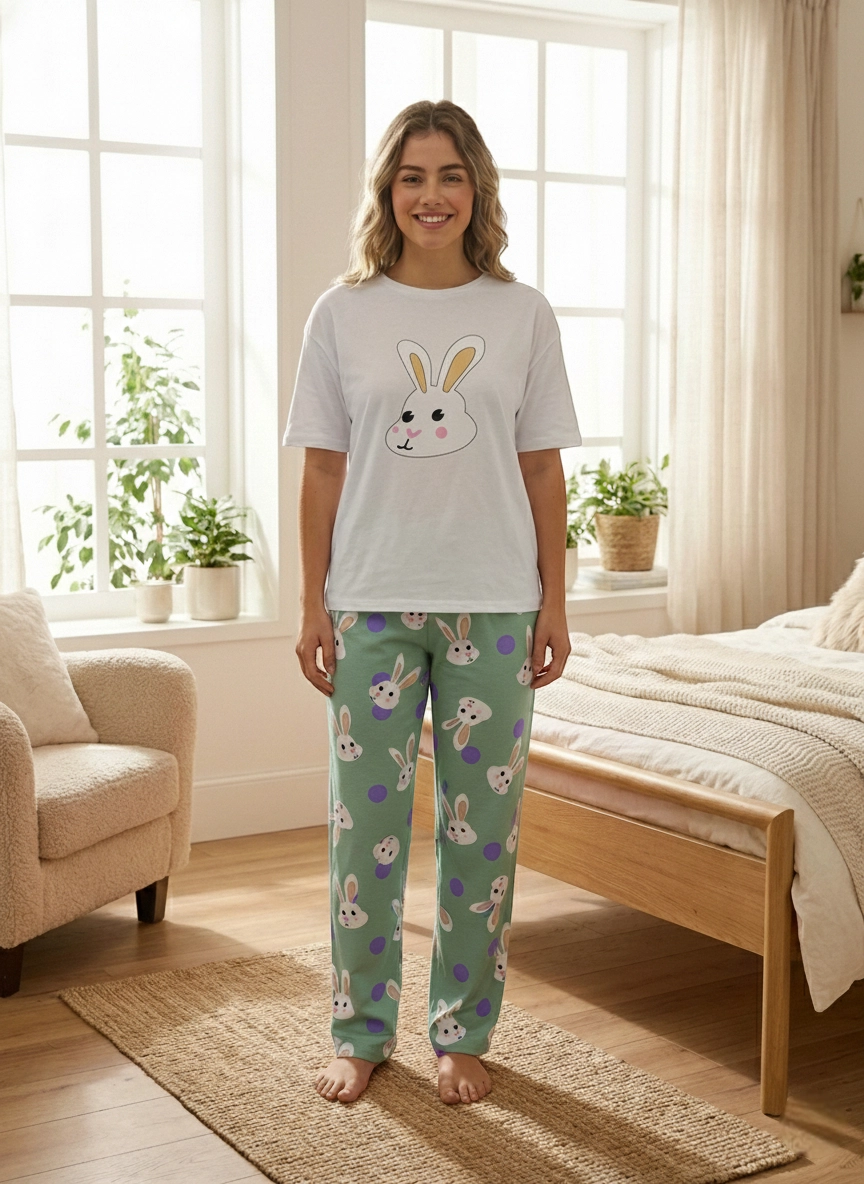 Rahat Kalıp Penye Pijama Takımı – Tavşan Desenli Sevimli Set